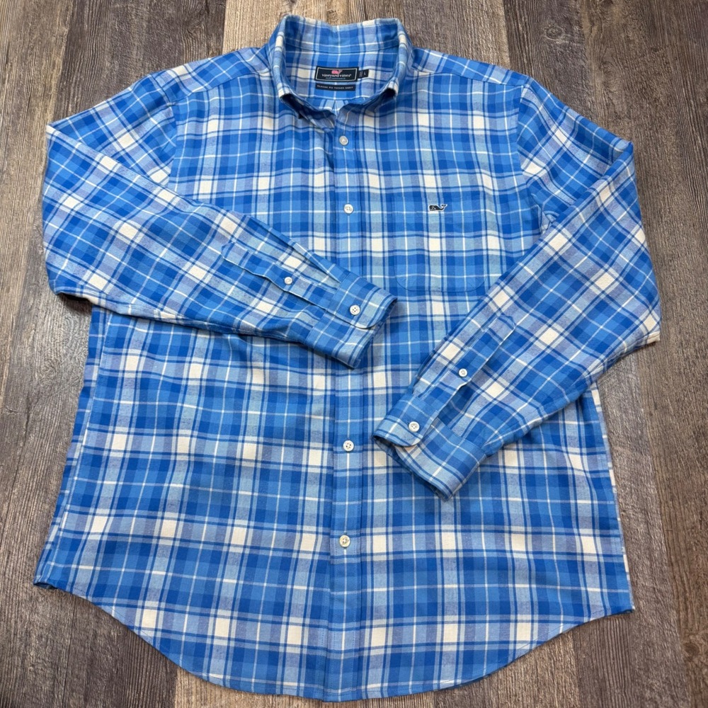 Vineyard Vines Performance Classic Fit Tucker Shirt Blue Plaid Men Large Flannel